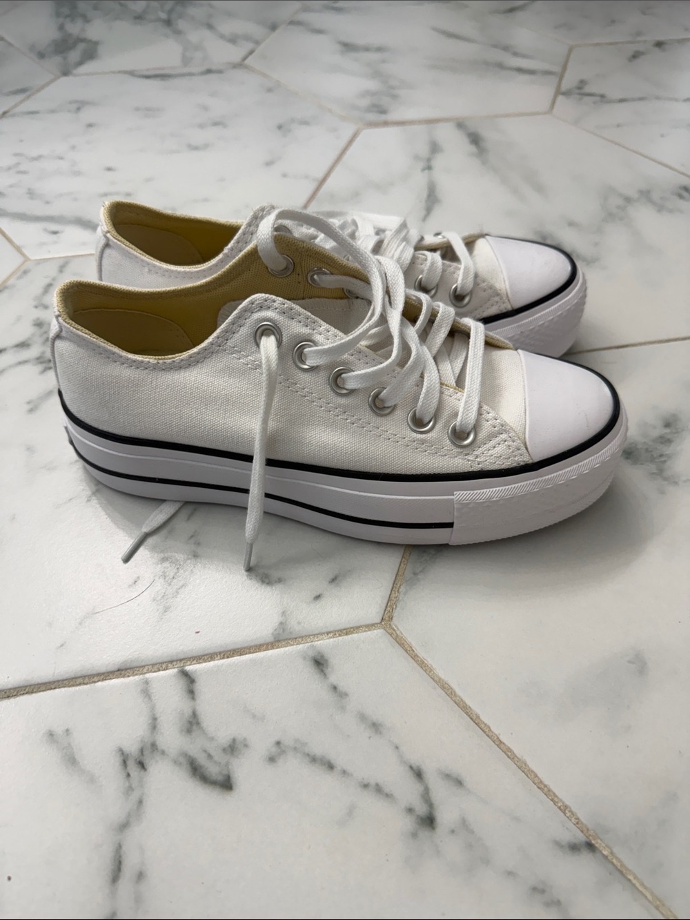 White Low-Top Platform Sneakers with Black Stripe